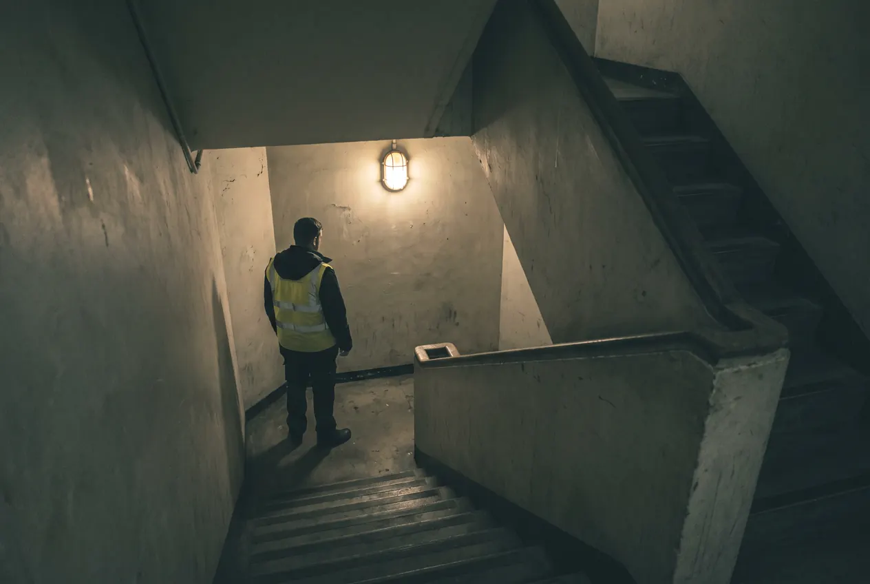 A lone officer on a dim stairwell landing under a single wall light