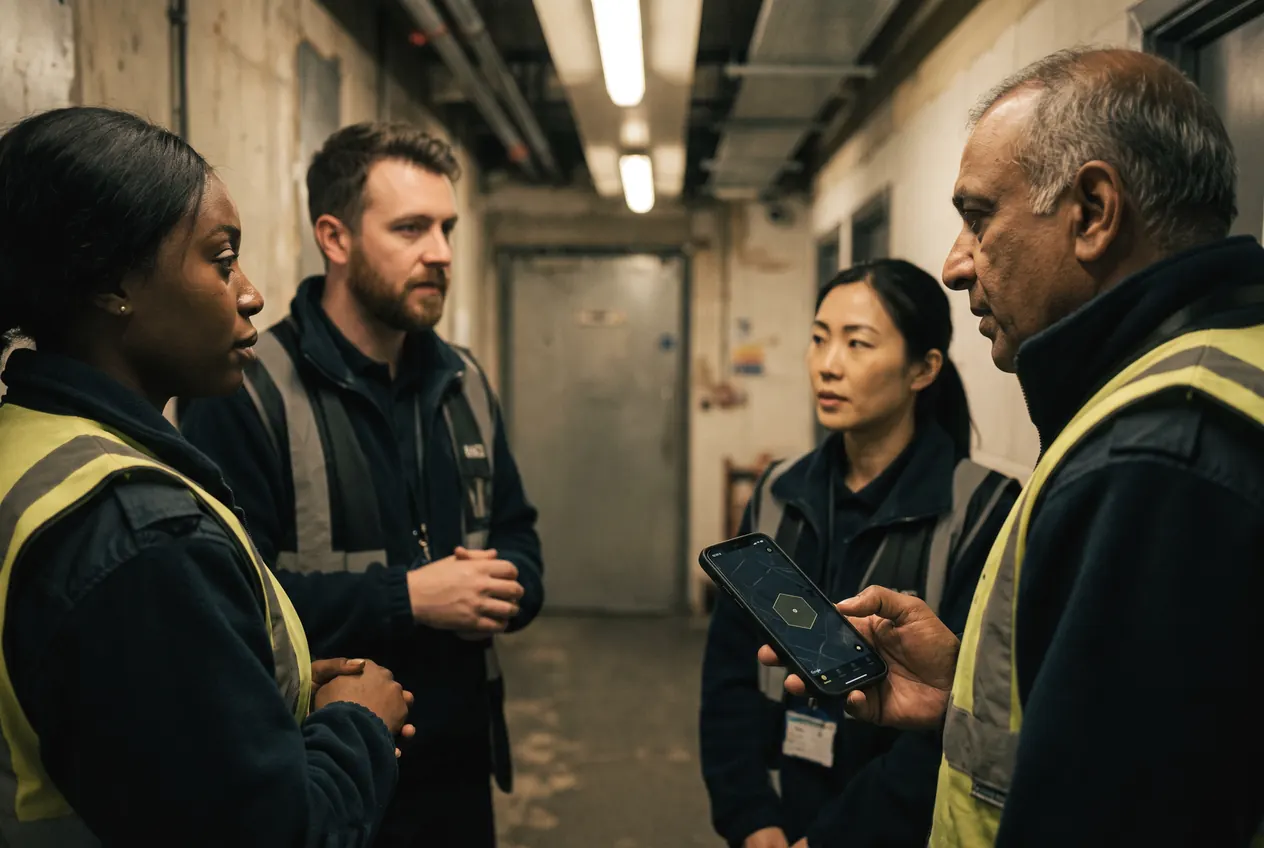 Four members of a mixed team in a service corridor, one showing the others a phone
