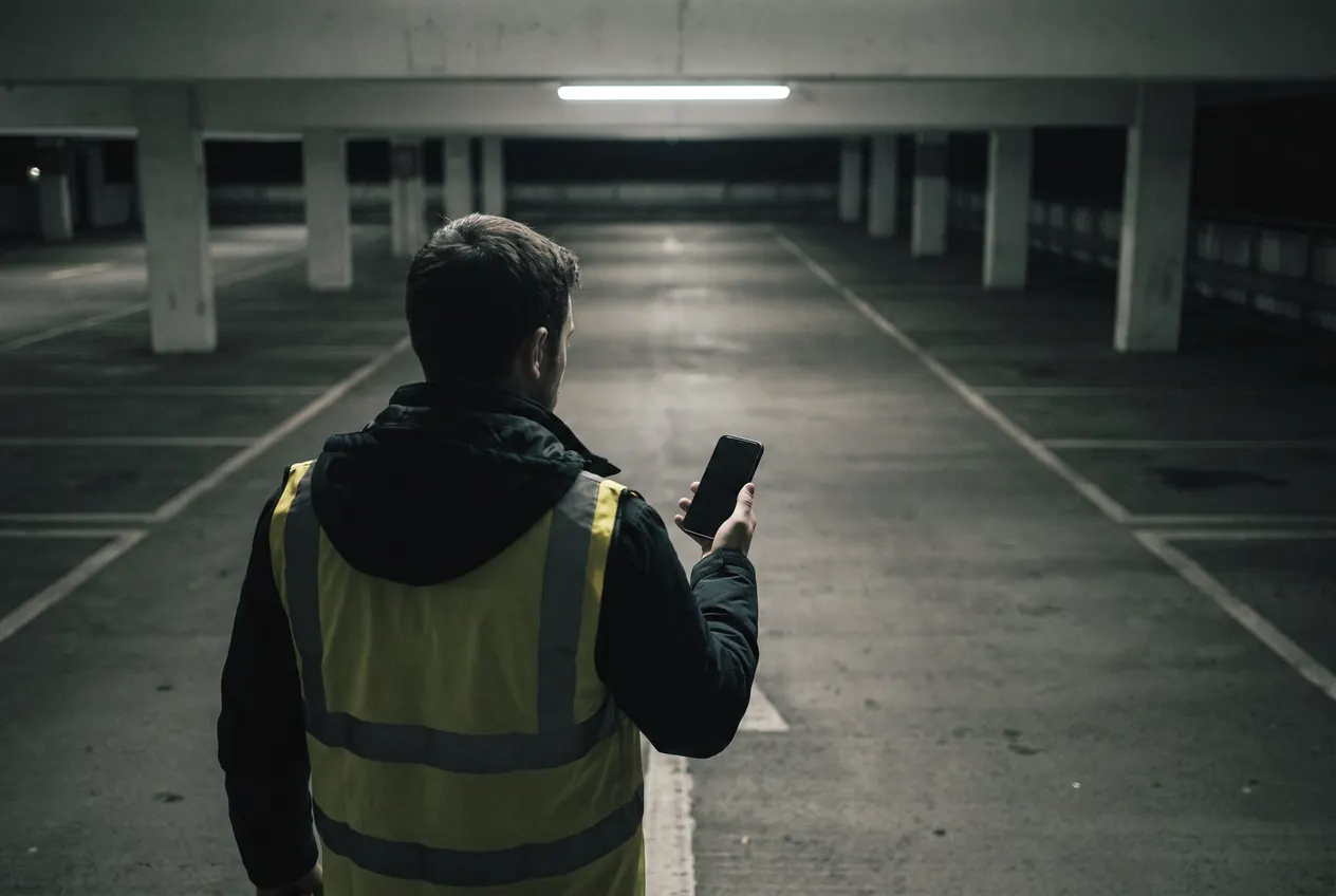 A lone officer in a hi-vis vest walking an empty car park deck, phone in hand
