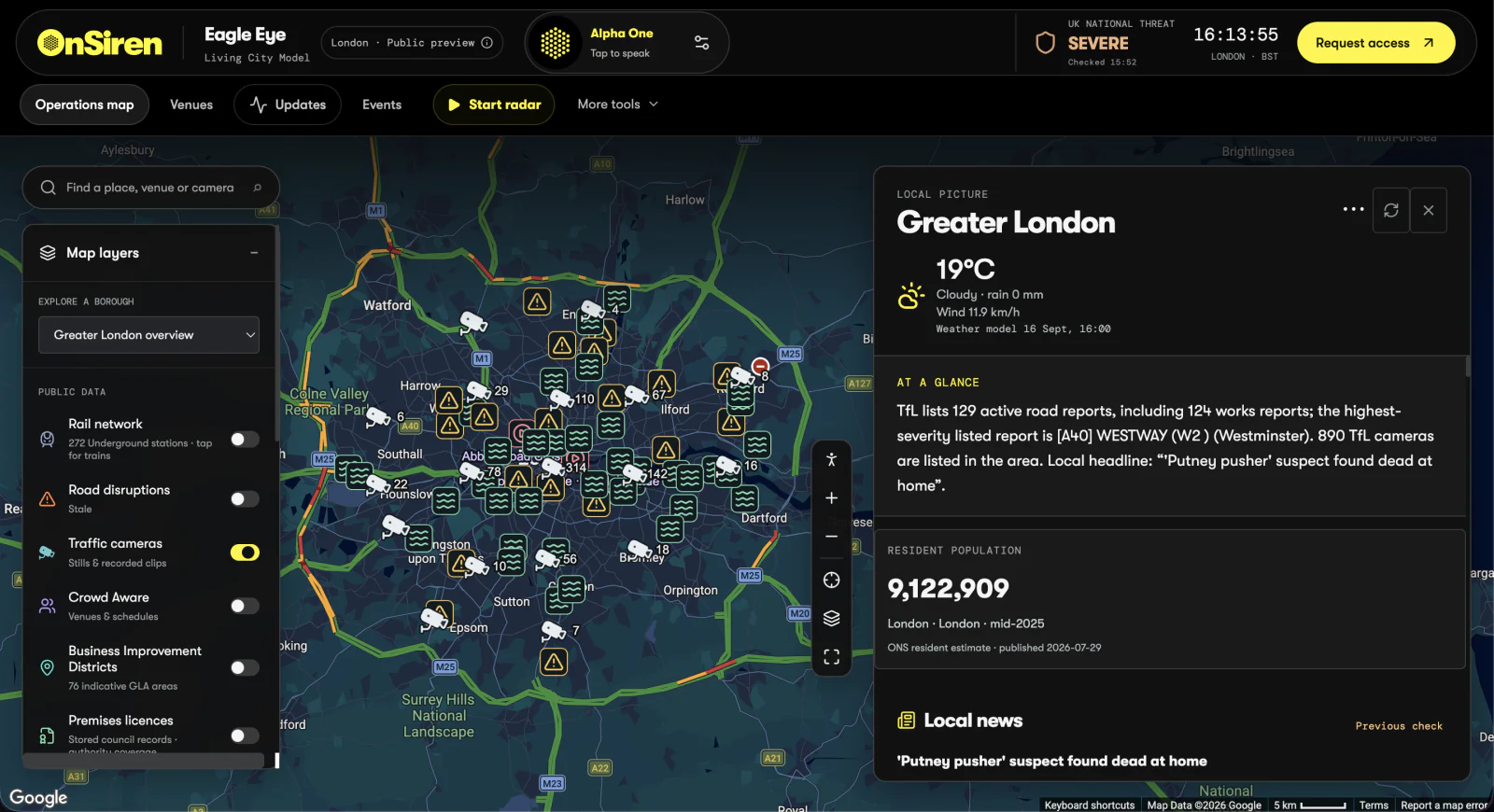 Eagle Eye dashboard showing a map of Greater London, map layers and a local information panel.