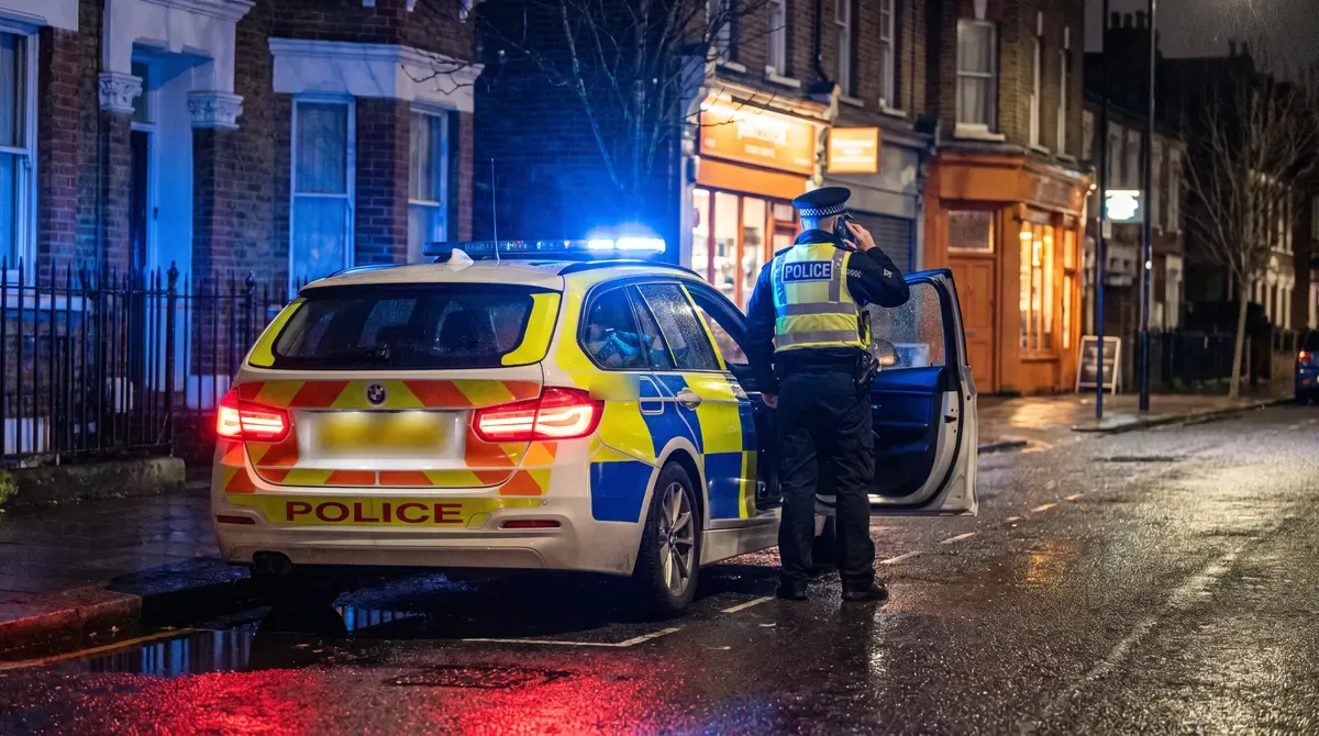 Police officer beside a patrol car on a city street