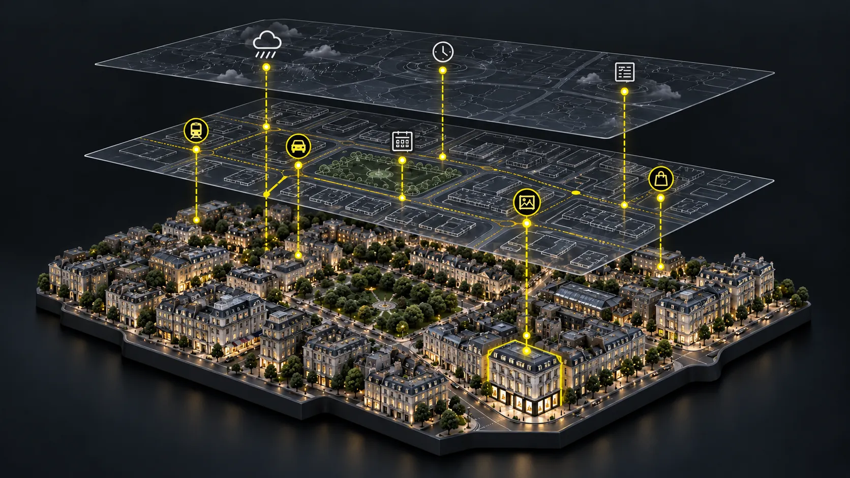 Illustrative digital picture of Mayfair, with streets, a square and venues connected to transport, events and weather. A corner gallery is highlighted.