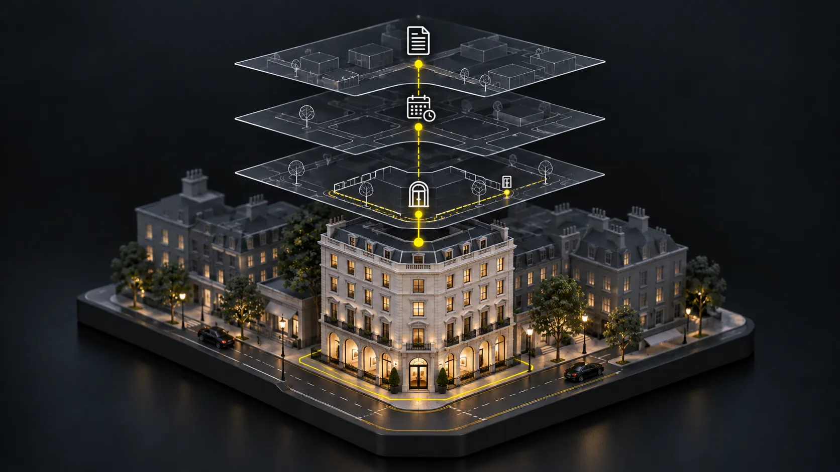 Illustrative gallery building with its entrance and surrounding streets connected to event timings and local updates.